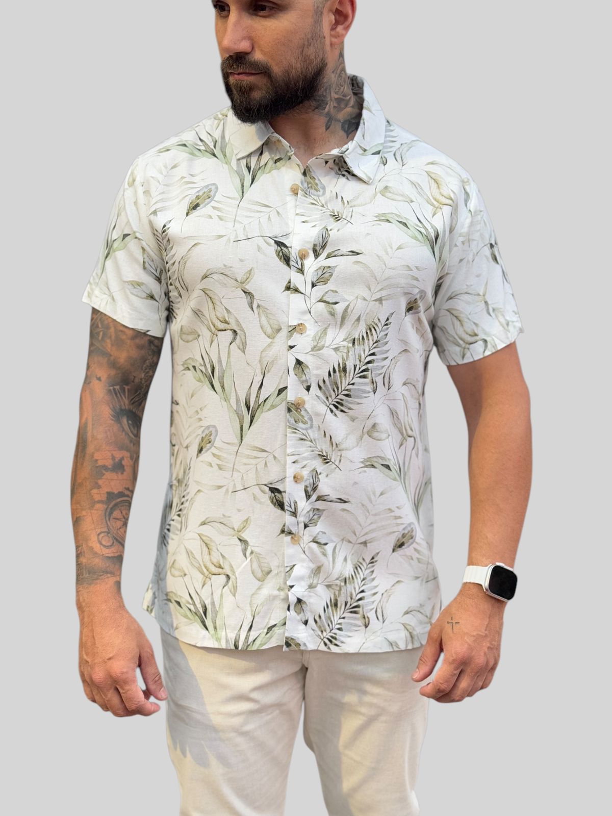 Premium Manga Curta Linho Estampada