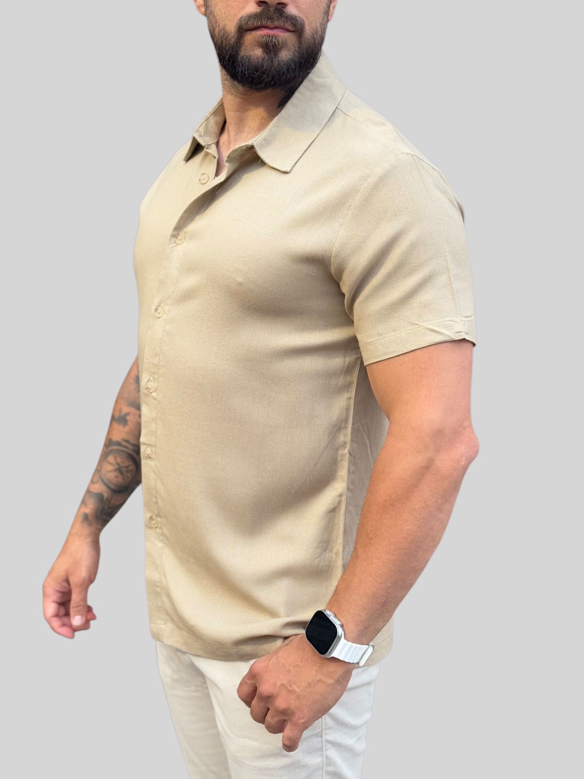 Camisa Manga Curta Linho Premium Marrom