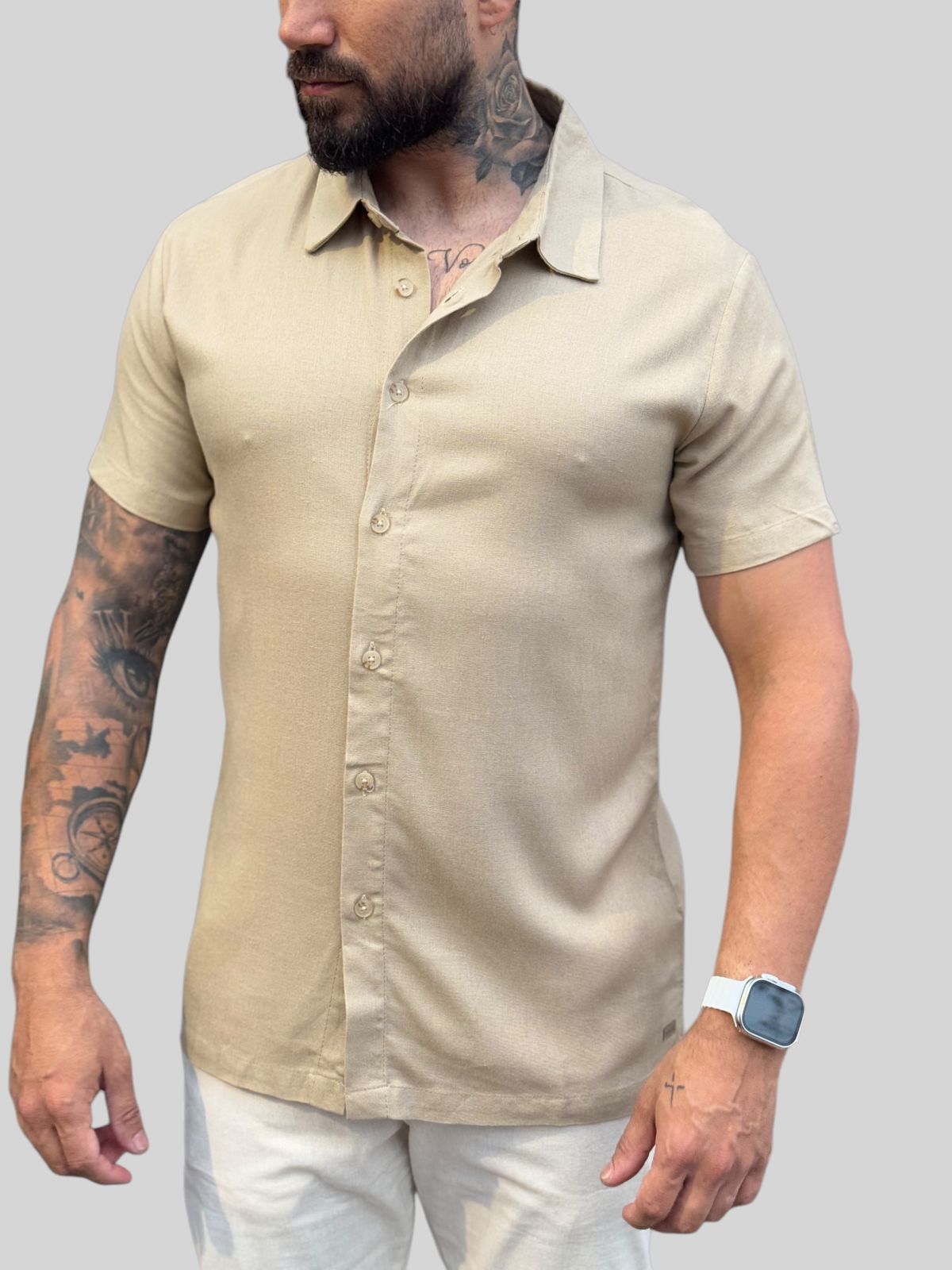 Camisa Manga Curta Linho Premium Marrom